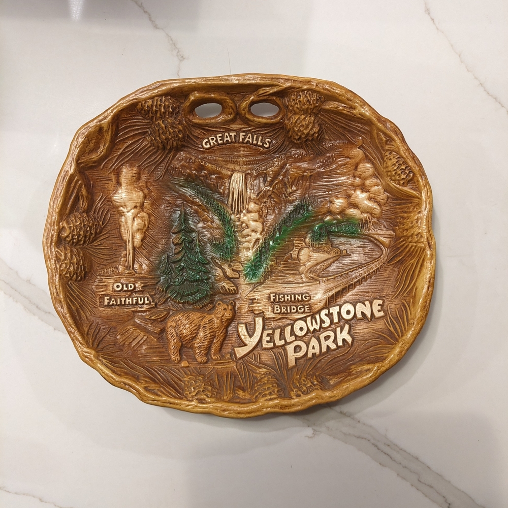 Vintage Yellowstone Park Faux Wood Souvenir Wall Hanging/Bowl